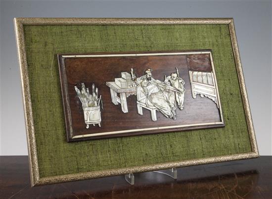 A Chinese rosewood and mother of pearl overlaid panel, 19th century, 15 x 30.5cm, losses, later mounted